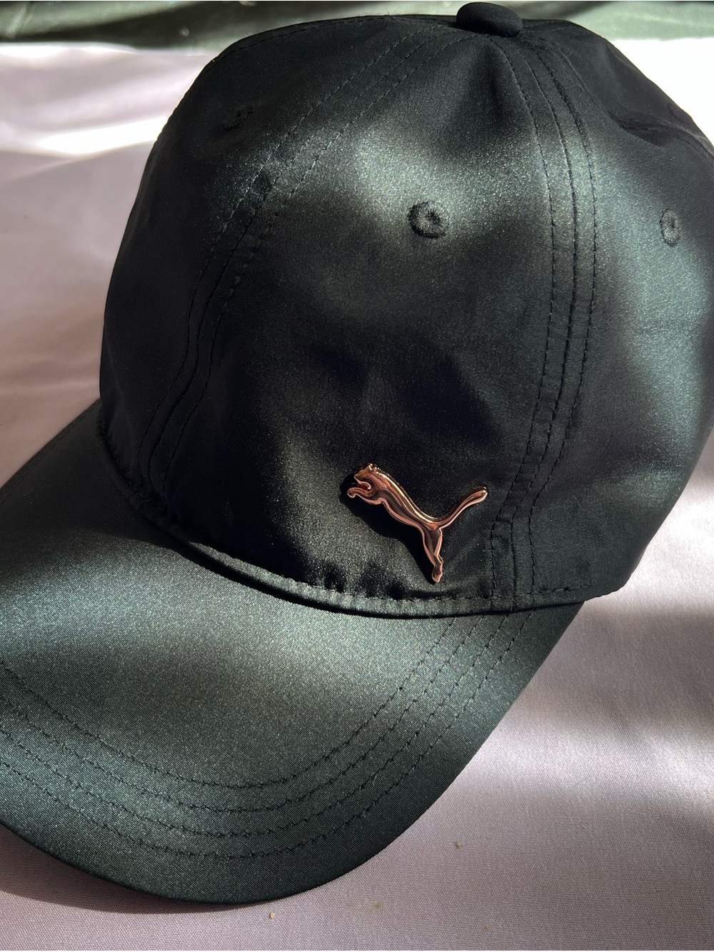 Puma Black Satin Cap with Rose Gold Puma Logo